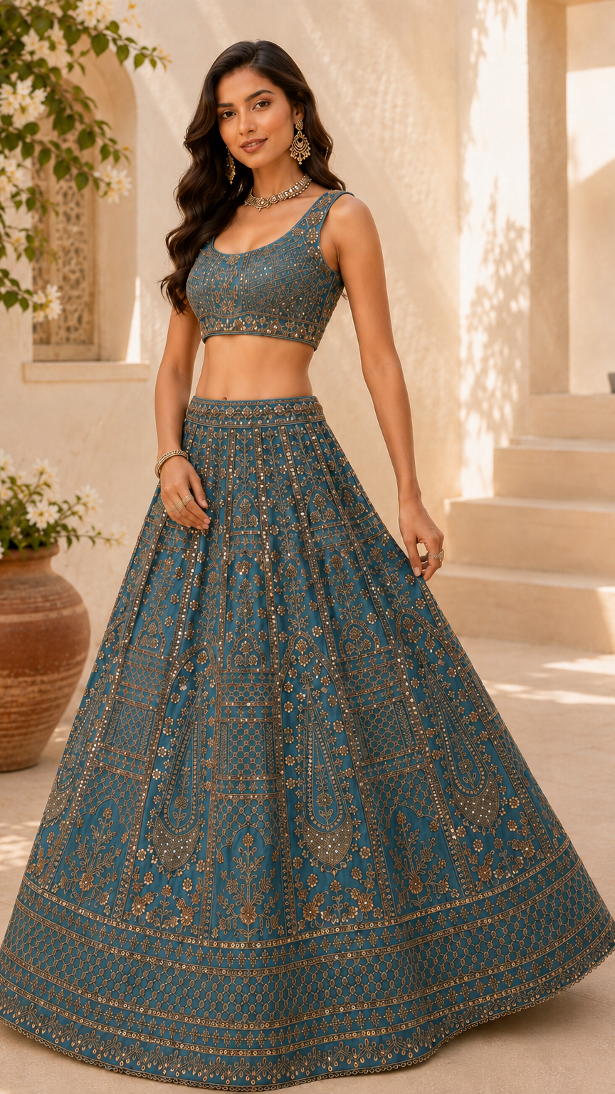 Blue Embroidered Lehenga