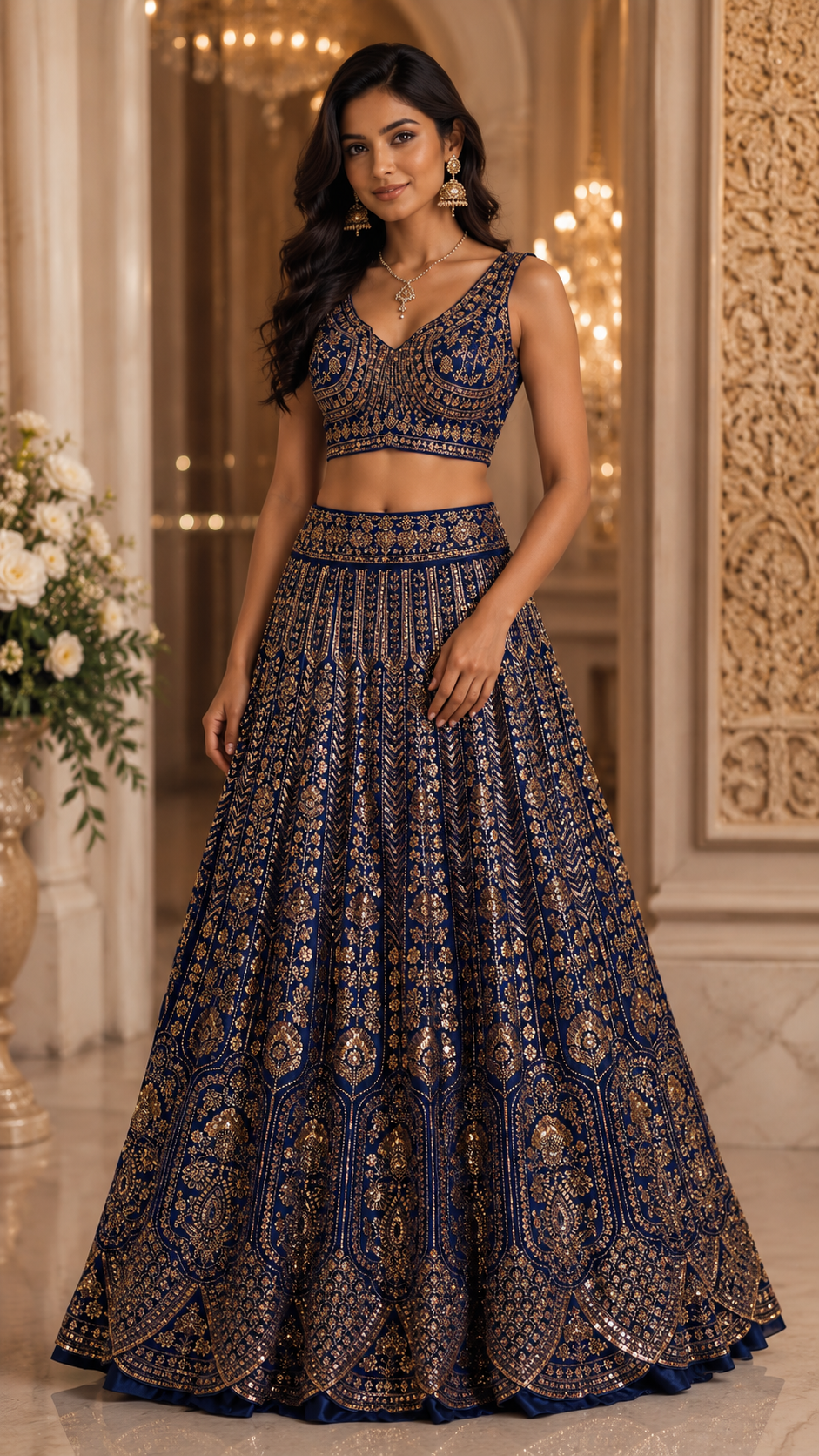 Navy Blue Rose Gold Embroidered Lehenga