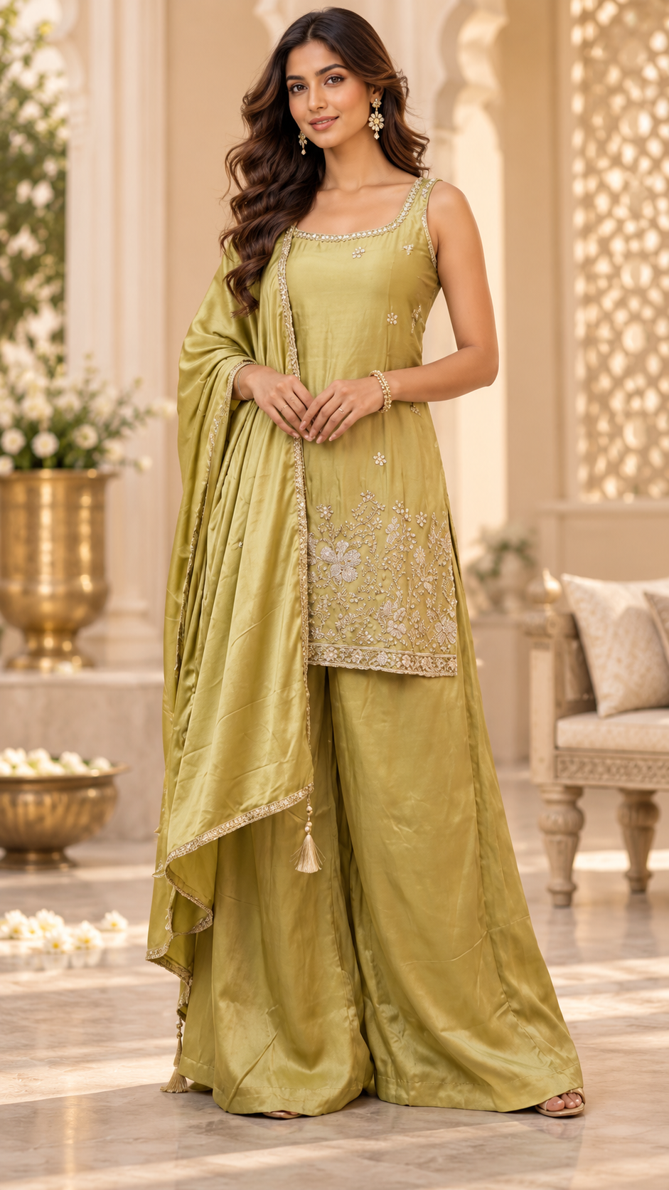 Mehendhi Green Crepe Silk Sharara Suit