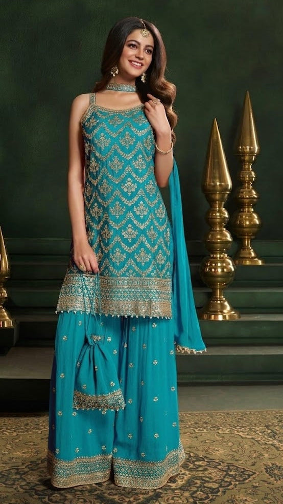Aqua Blue Georgette Sharara Suit