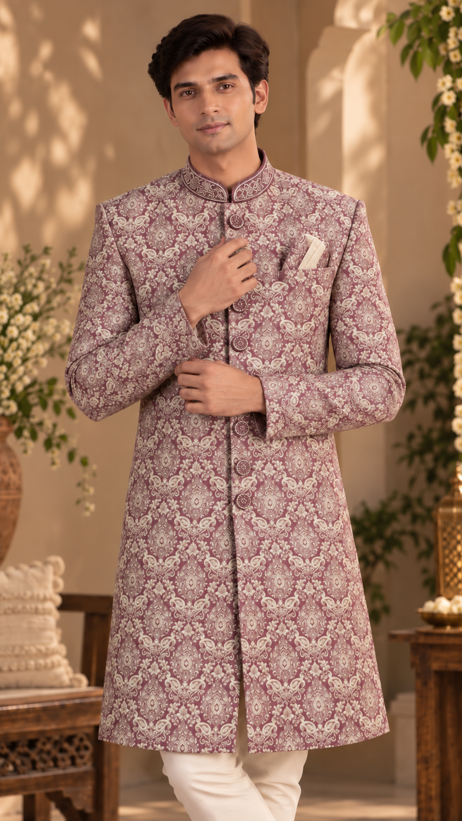 Mauve Jacquard Sherwani Set