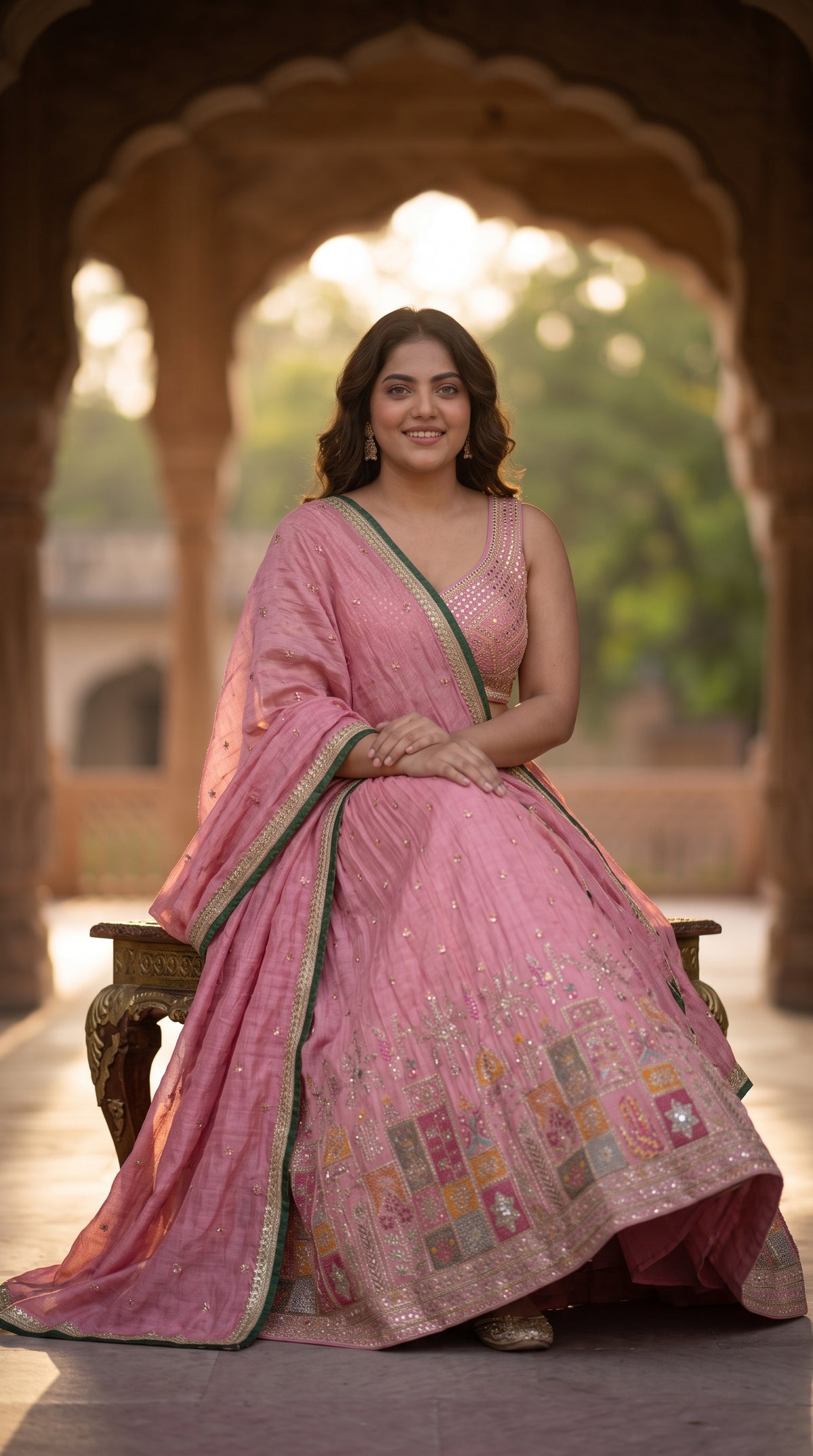Pink Chinon Silk Party Wear Crop Top Lehenga