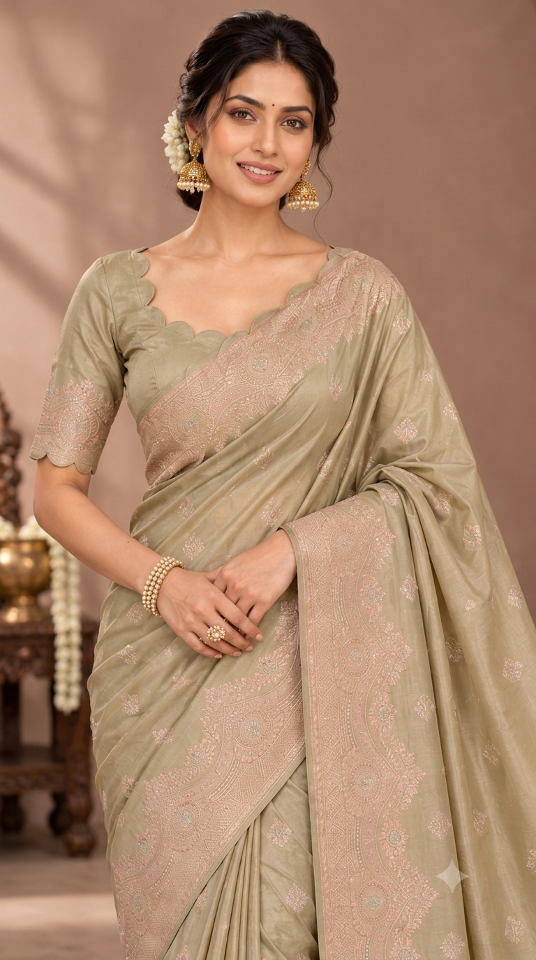 Muted Sage Green Banaras Satin Silk Saree