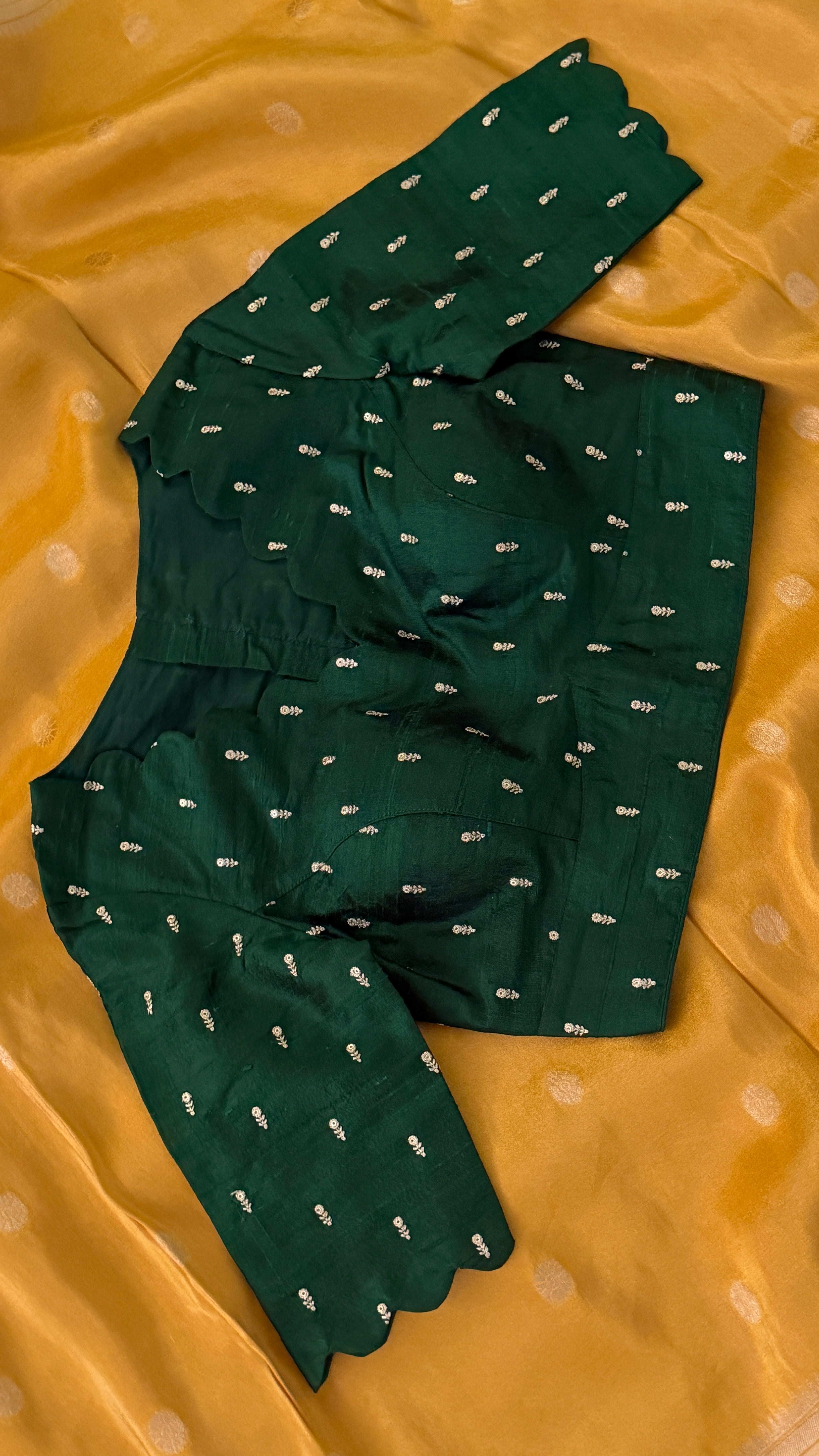 Bottle Green Buti Scallop Blouse