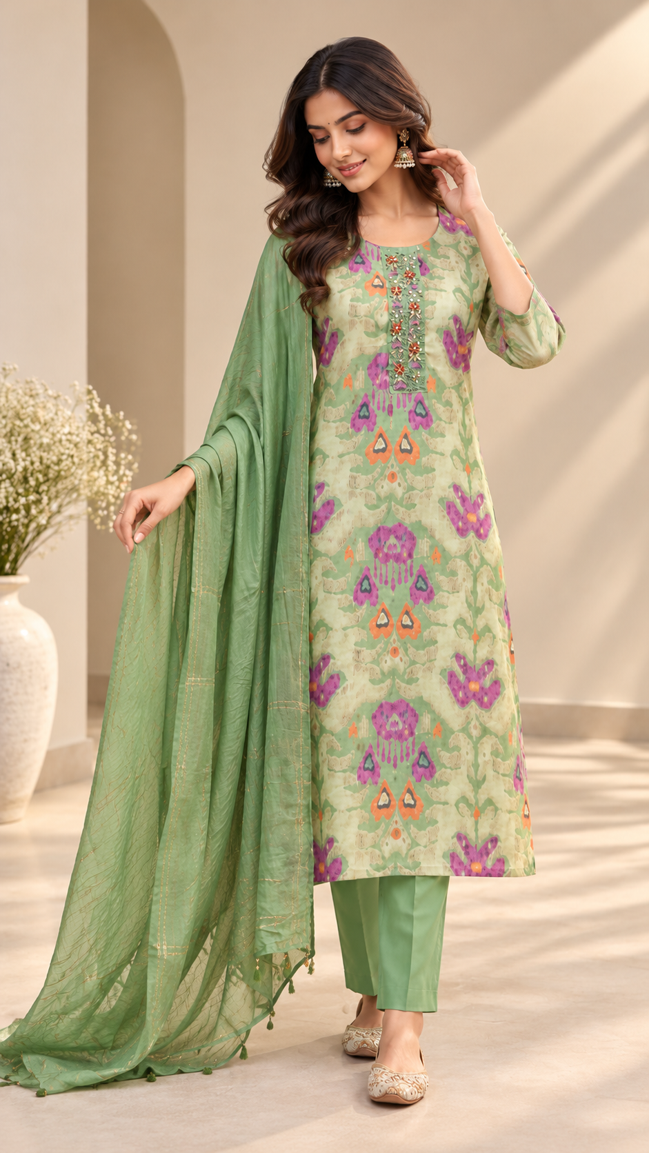 Green Rayon Cotton Straight Cut Suit