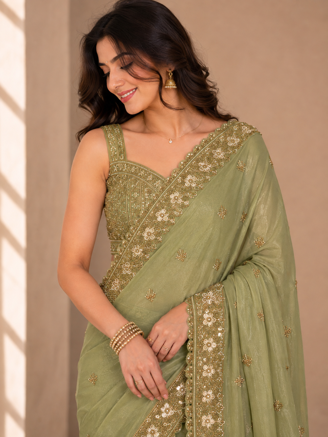 Sage Green Shimmer Organza Fancy Saree