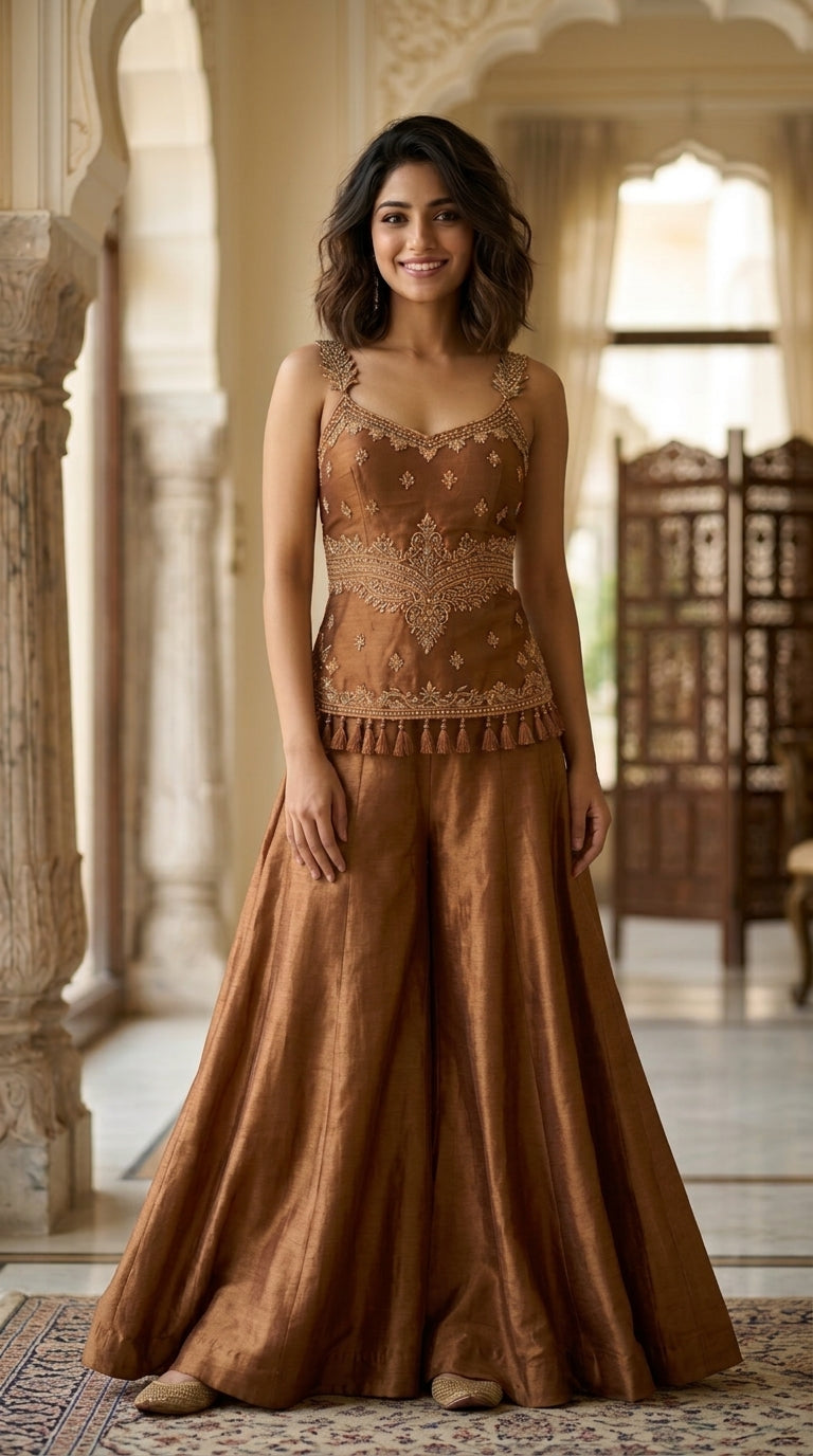 Brown Tissue Silk Sharara Suit