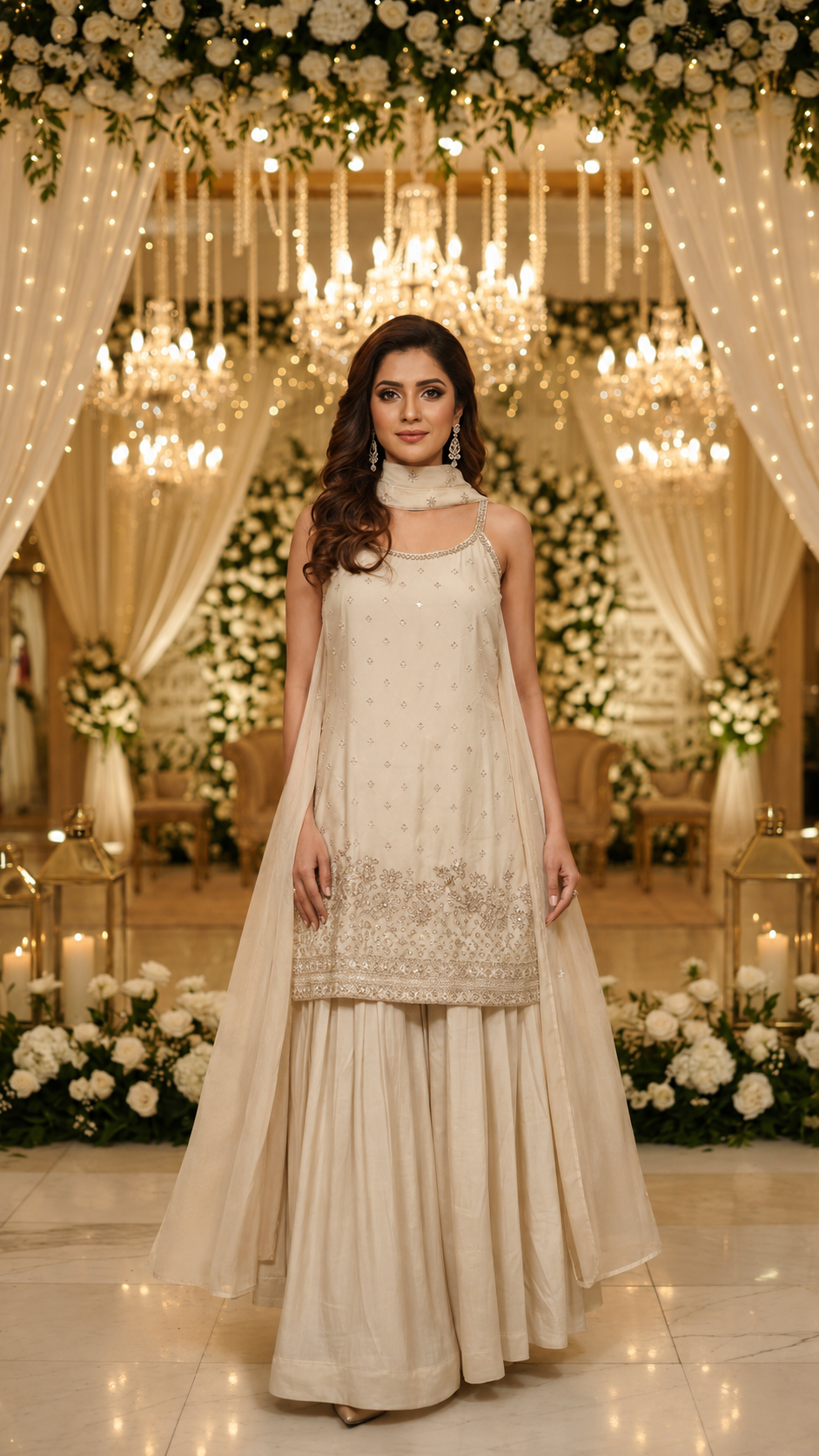 Off White Chinon Silk Sharara Suit