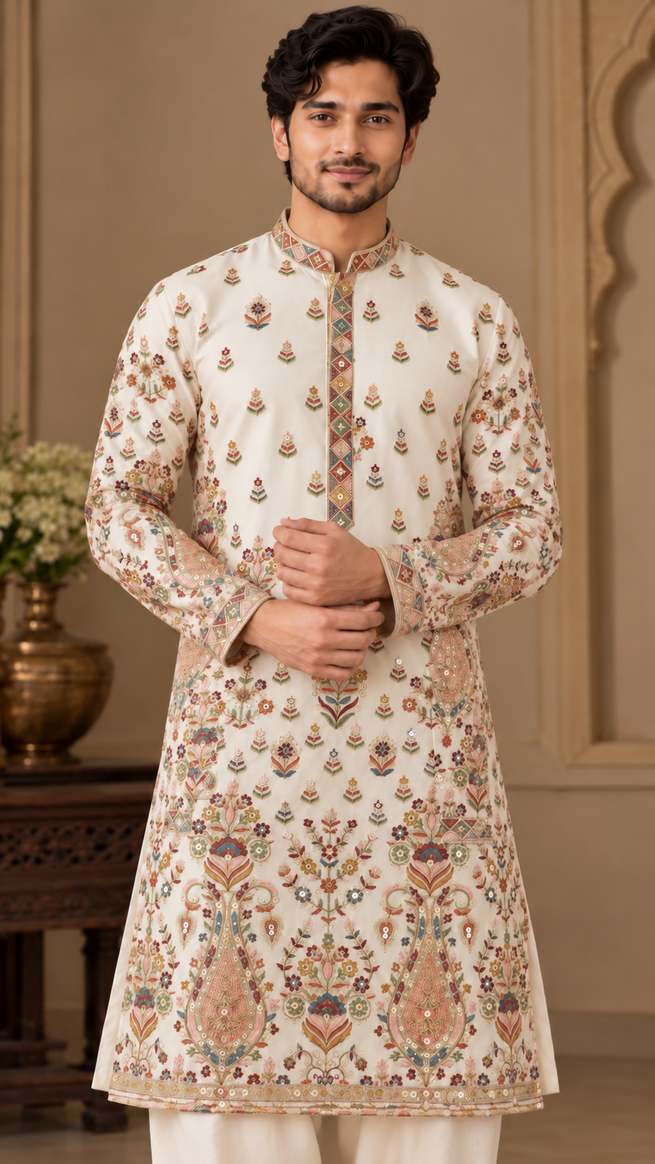 Off-White Multicolor Embroidered Kurta Dhoti Set
