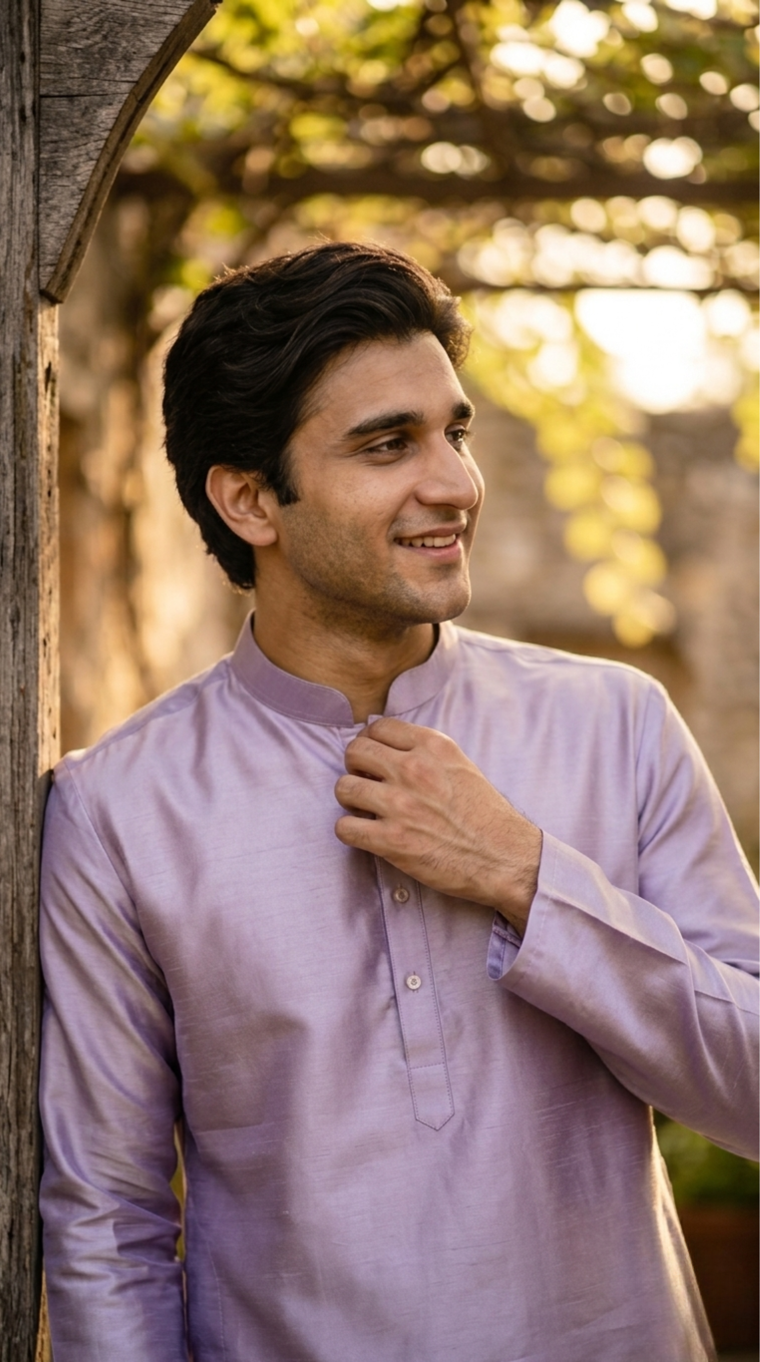 Lavender cotton silk kurta set for men with mandarin collar