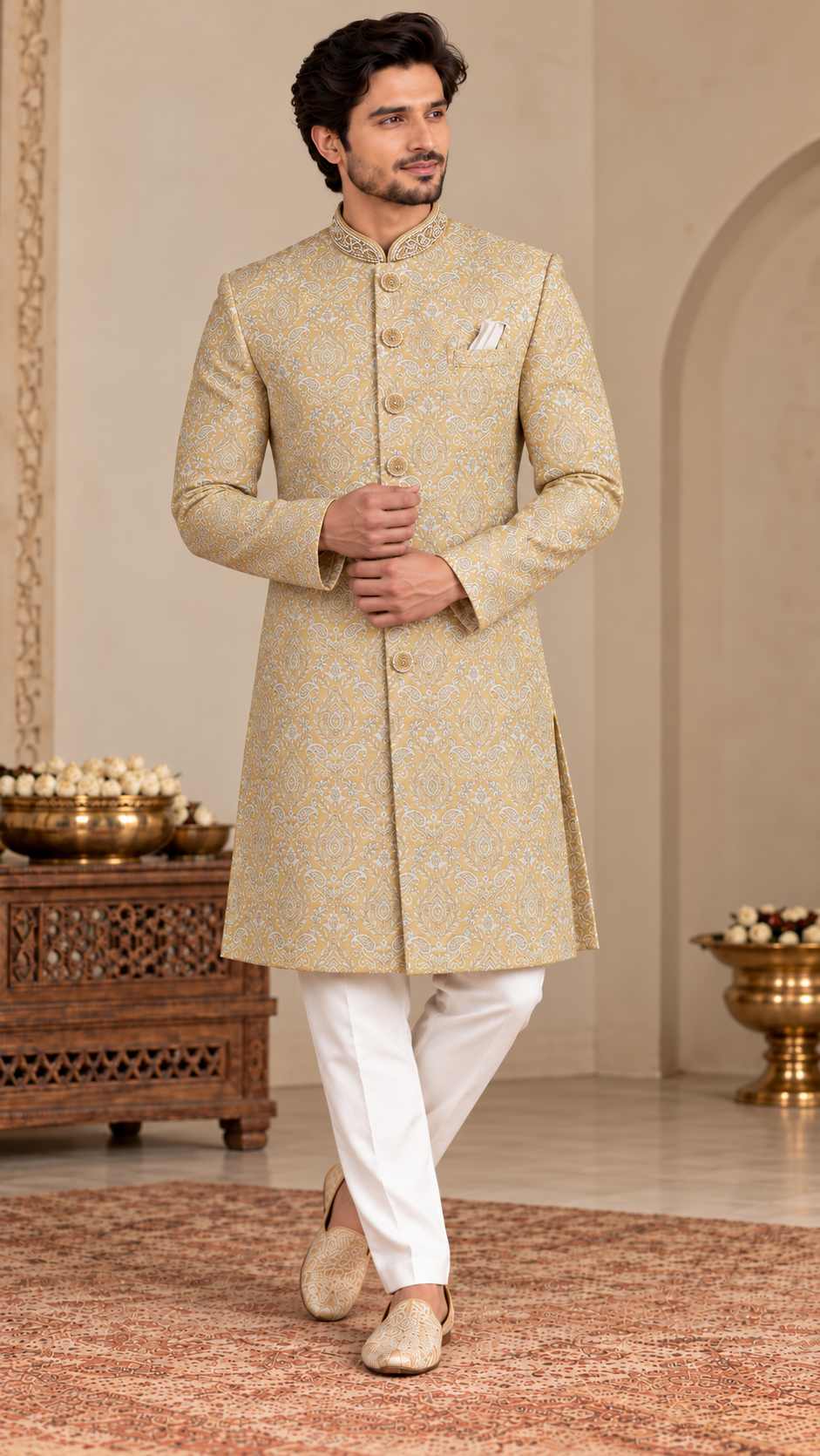 Yellow Jacquard Embroidered Sherwani