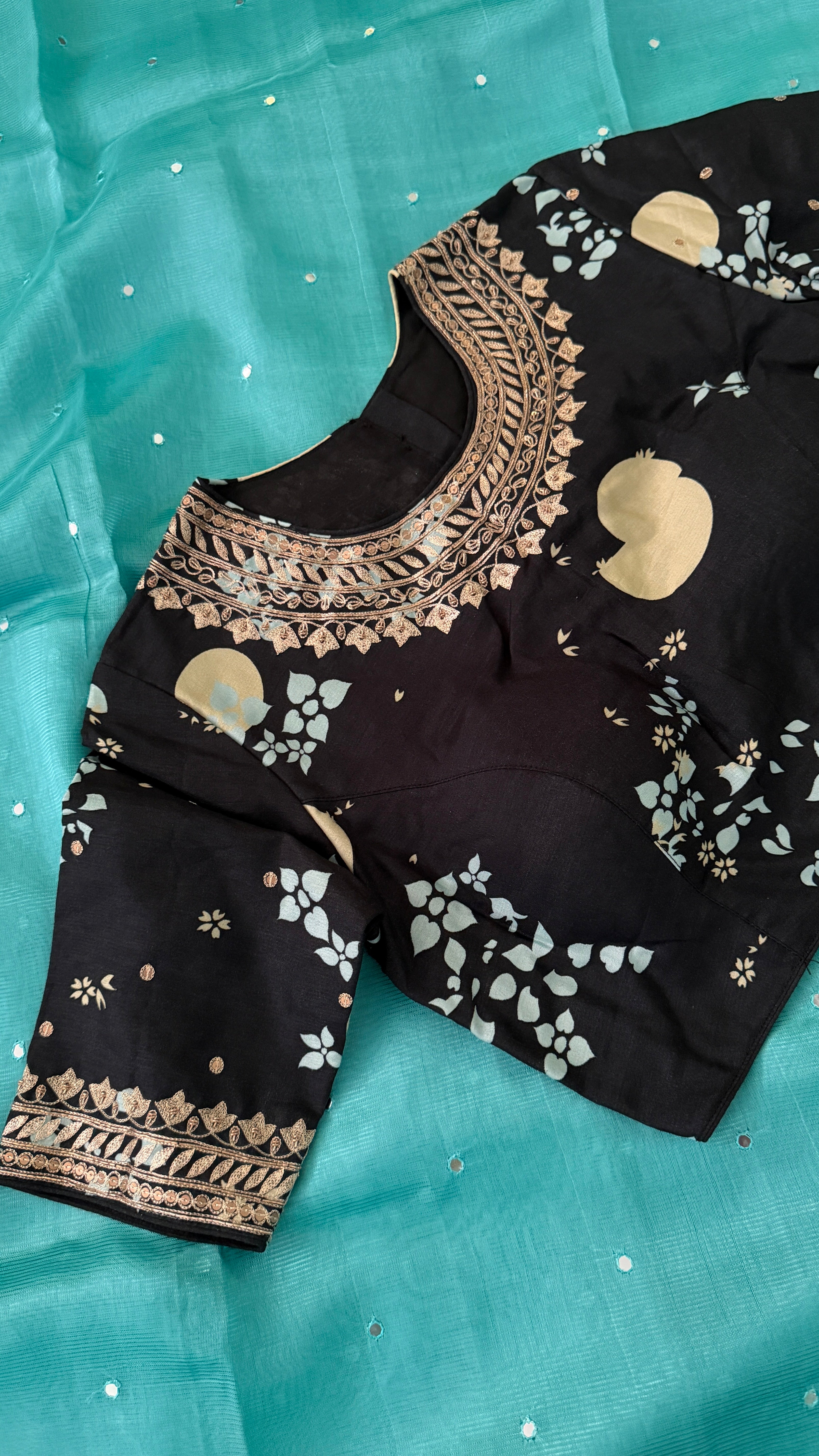 Black Printed Floral High-Neck Blouse