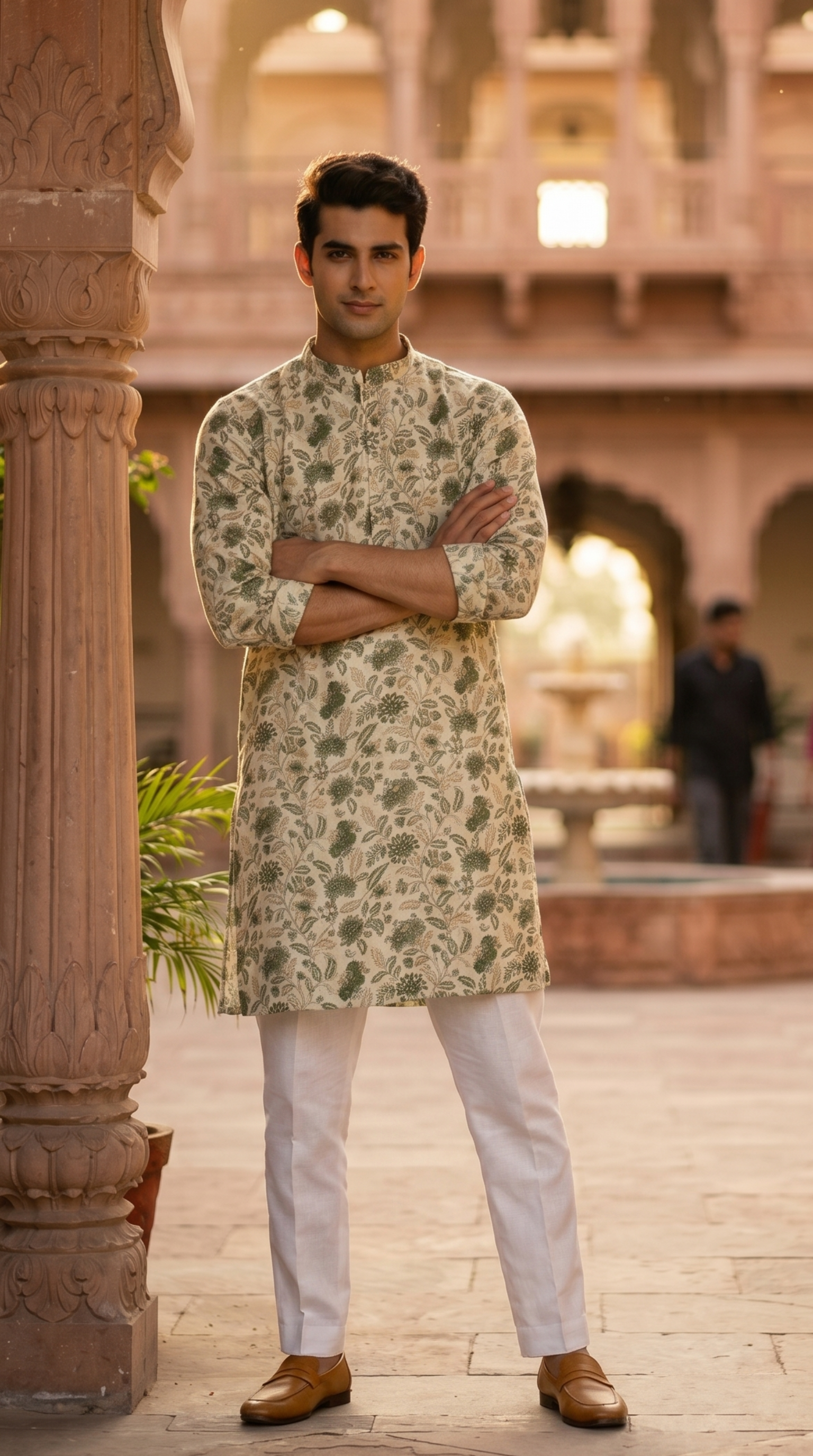 Cream floral print cotton kurta set for men with mandarin collar
