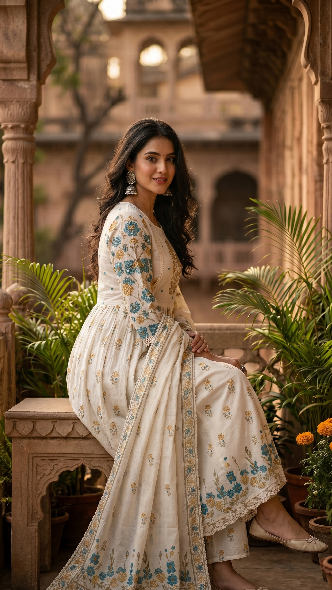 White Mul Cotton Block-Print Suit