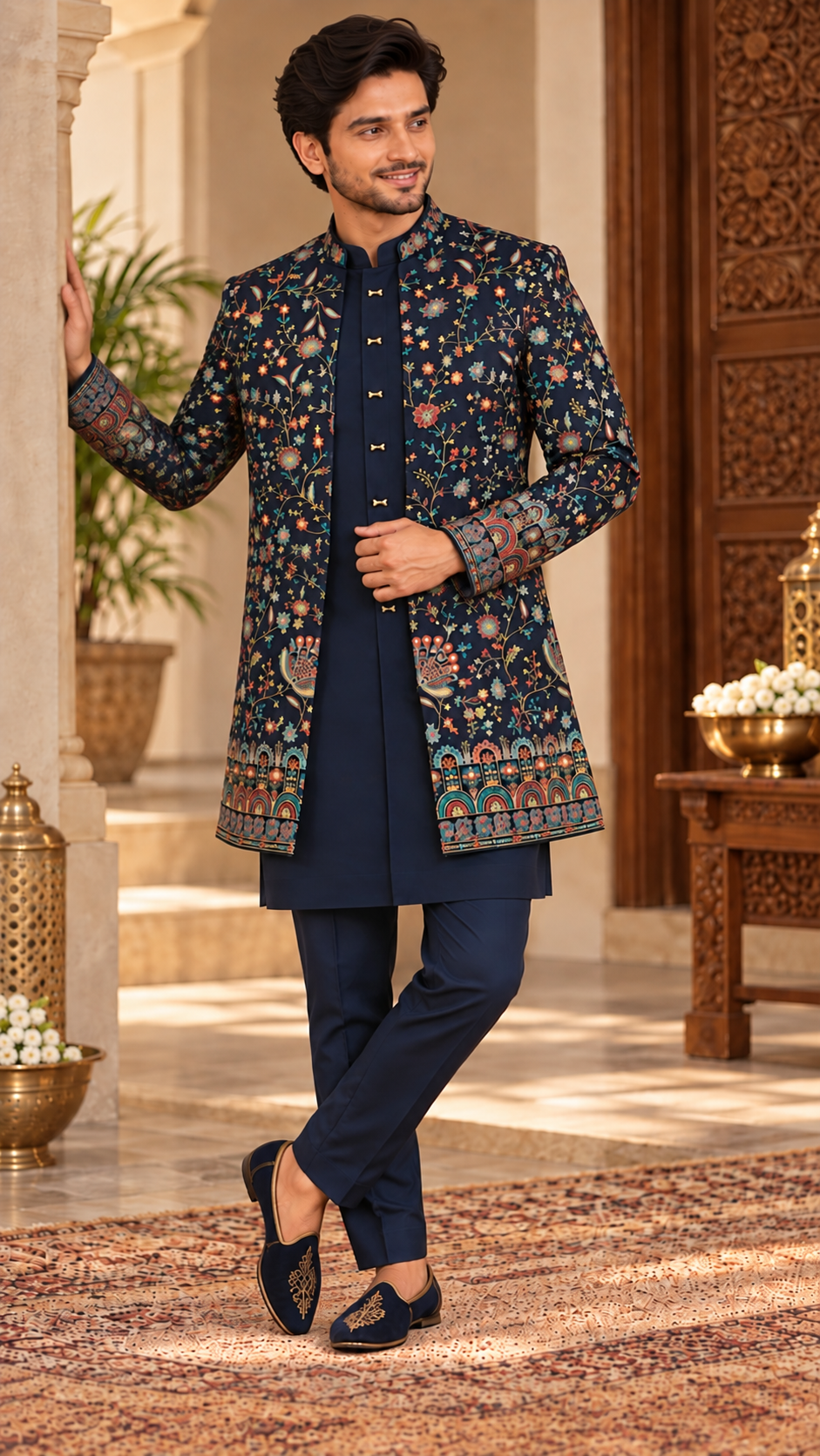 Navy Blue Floral Embroidered Indo-Western Sherwani