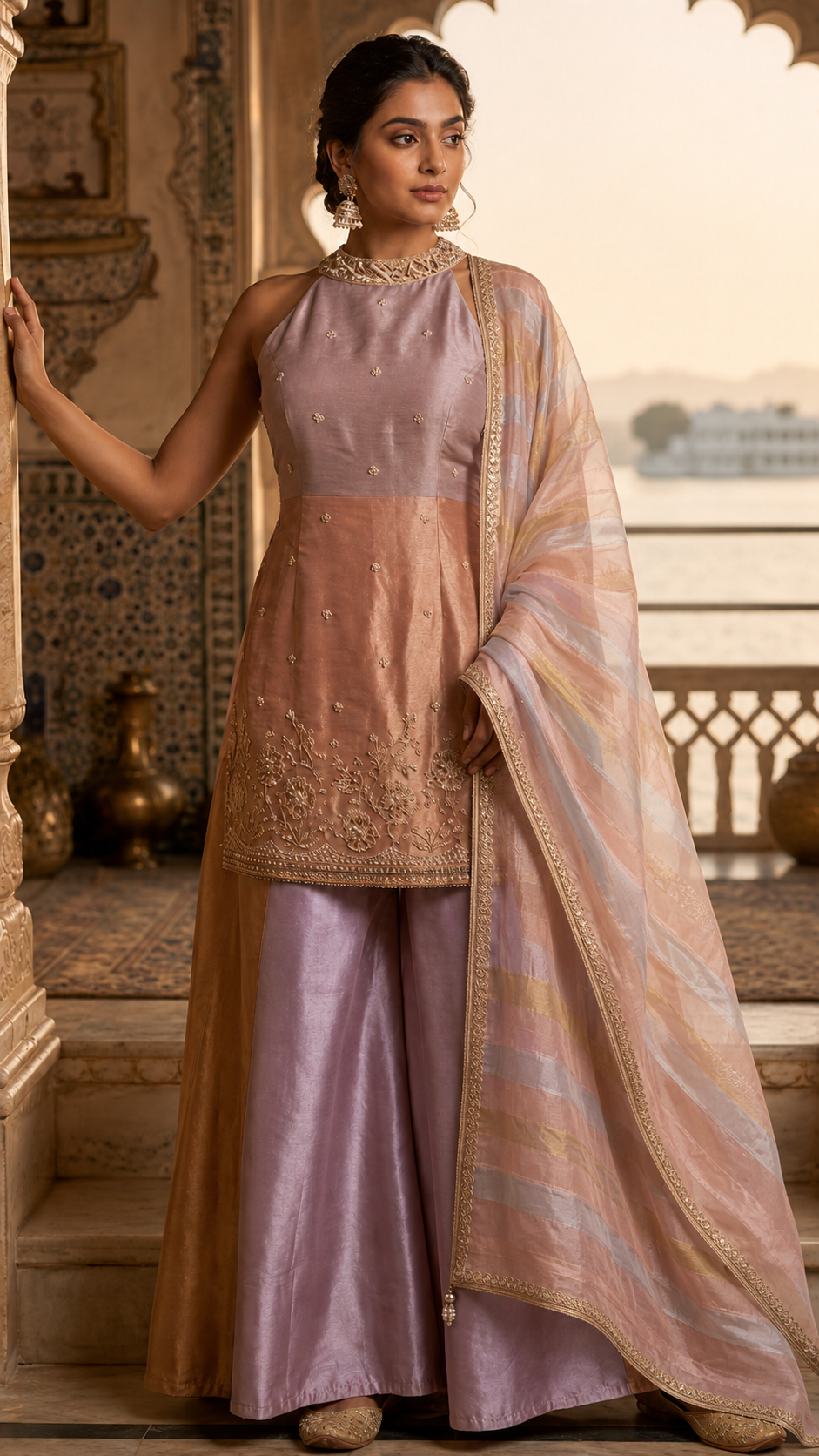 Mauve Tissue Silk Sharara Suit