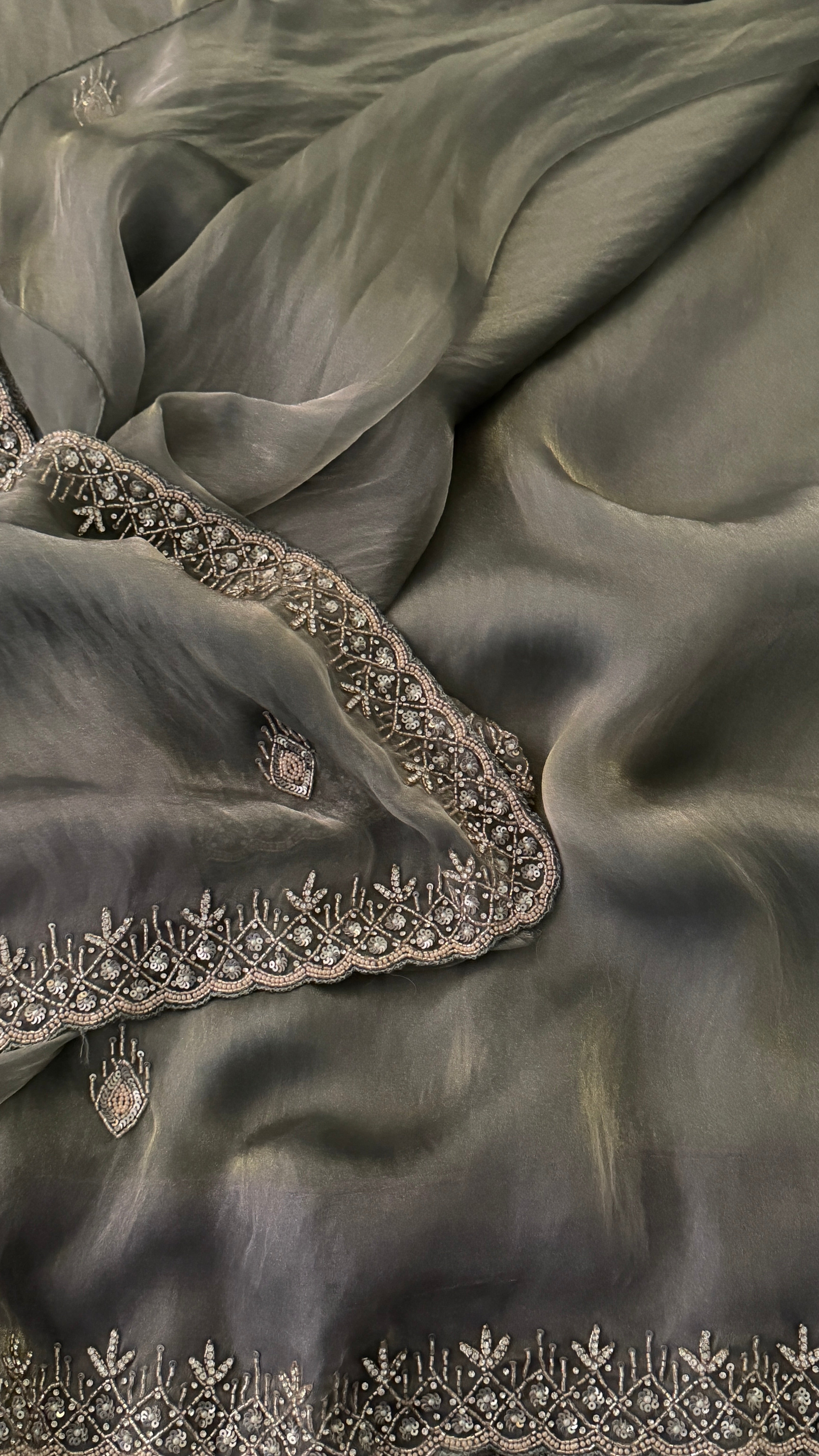 Grey Shimmer Organza Fancy Saree