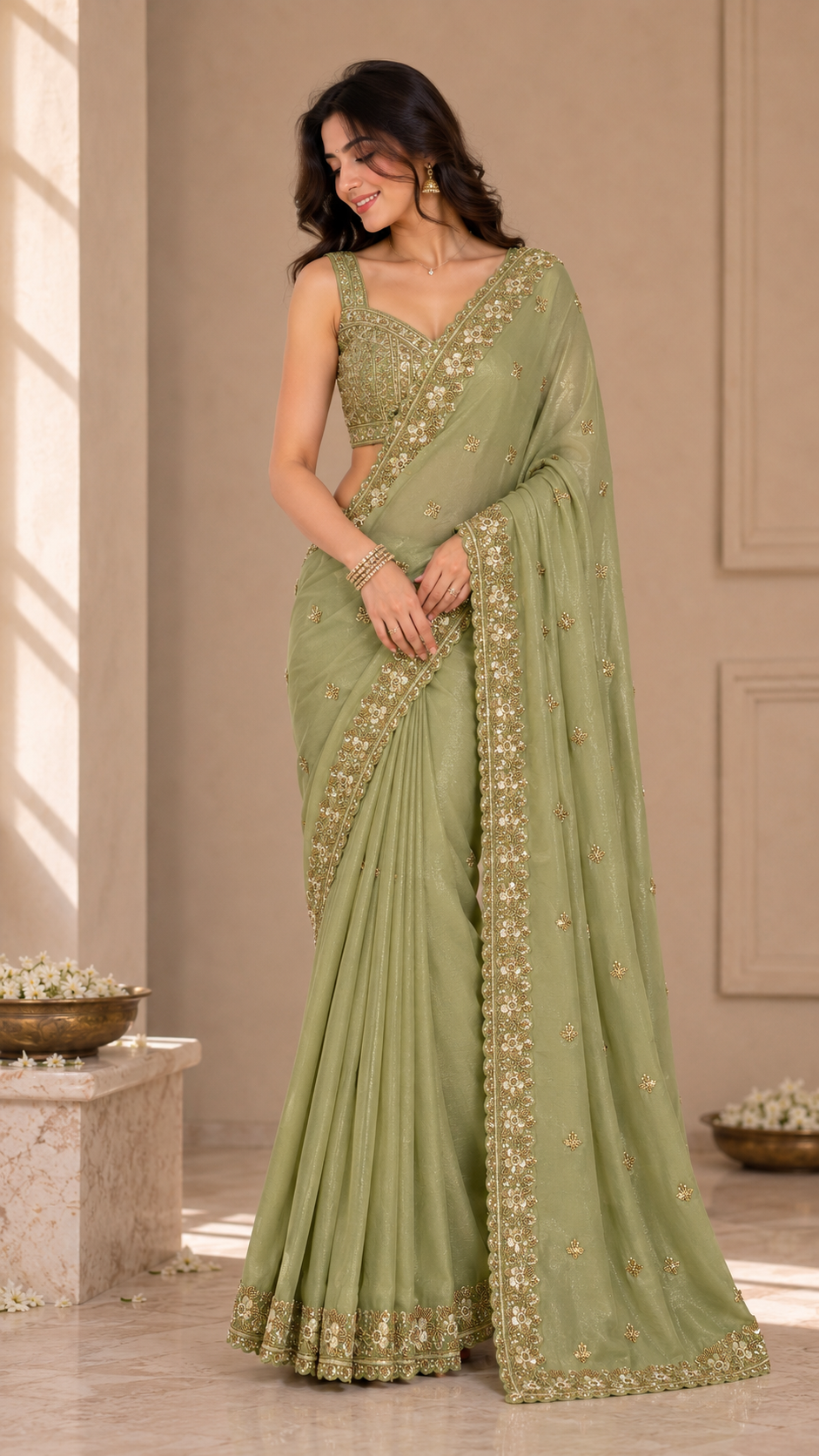 Sage Green Shimmer Organza Fancy Saree