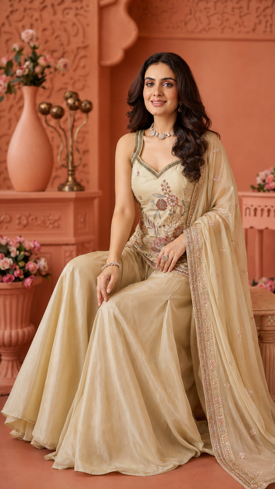 Off White Tissue Silk Sharara Suit