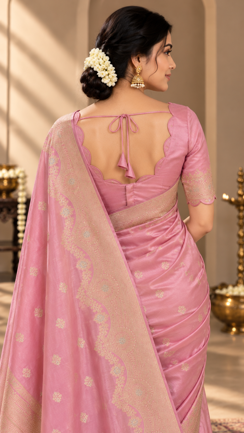 Rose Pink Banaras Satin Silk Saree