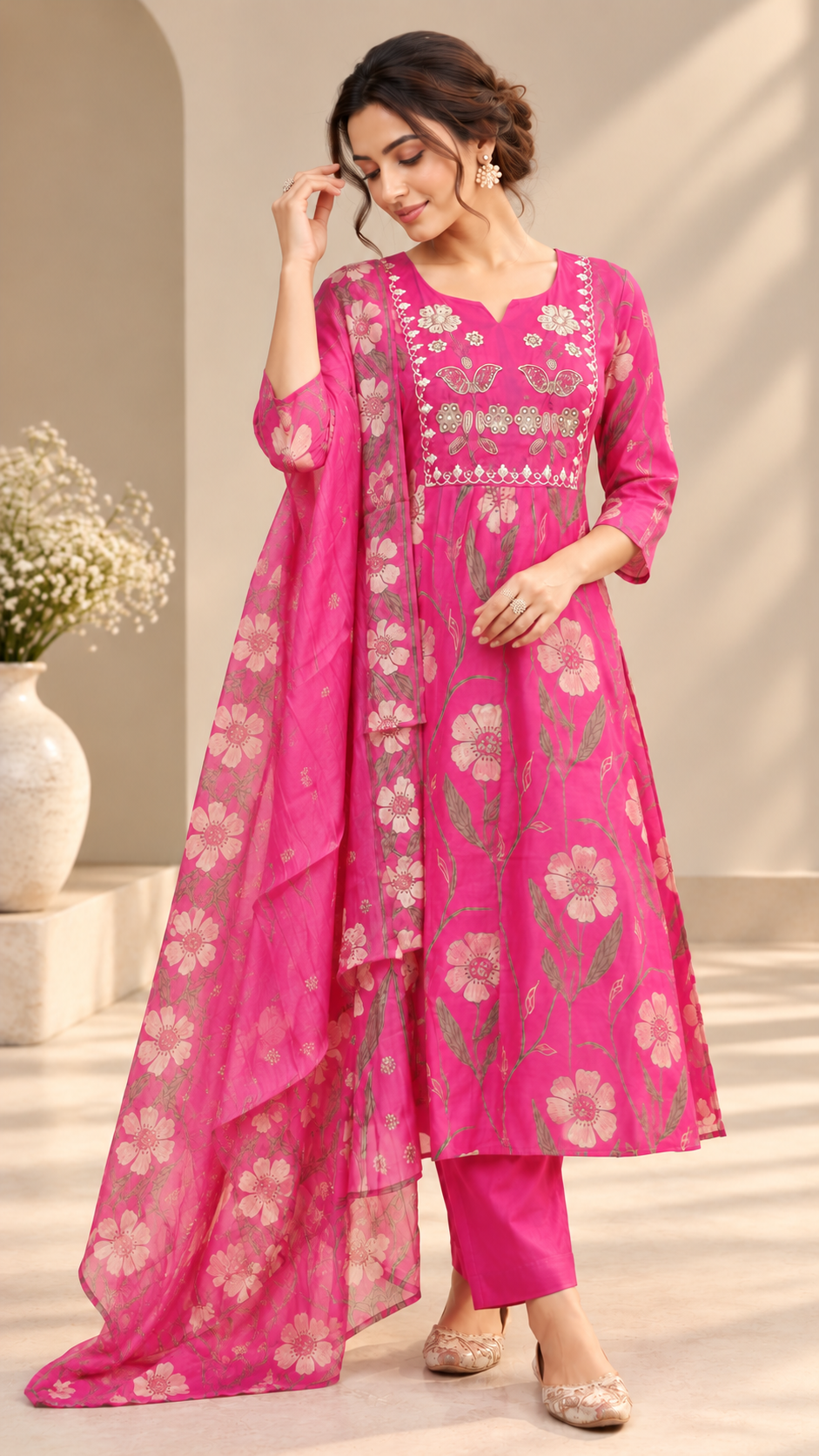 Rani Pink Mul Chanderi A-Line Cut Suit