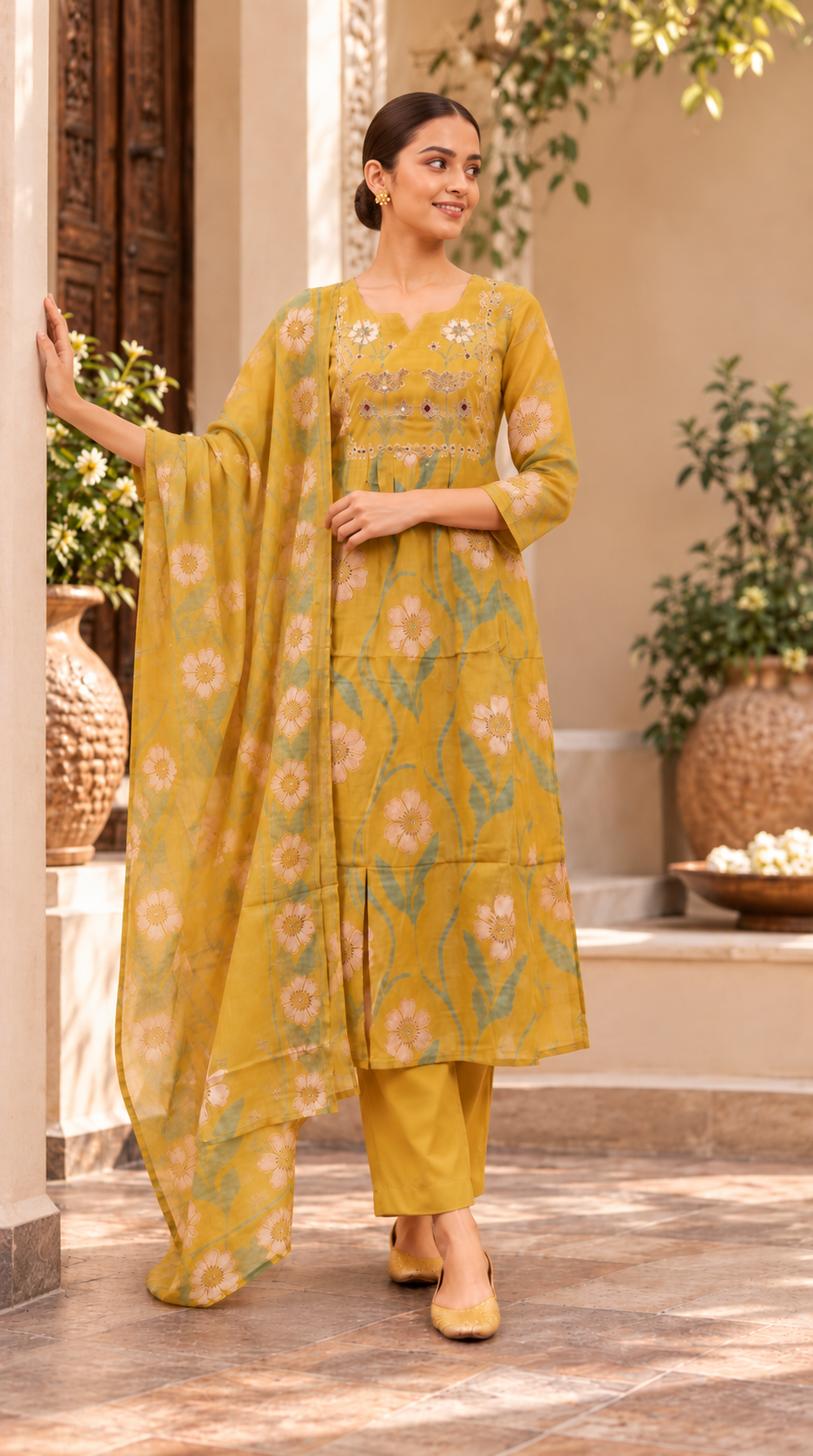 Mehendi Green Mul Chanderi A-Line Cut Suit