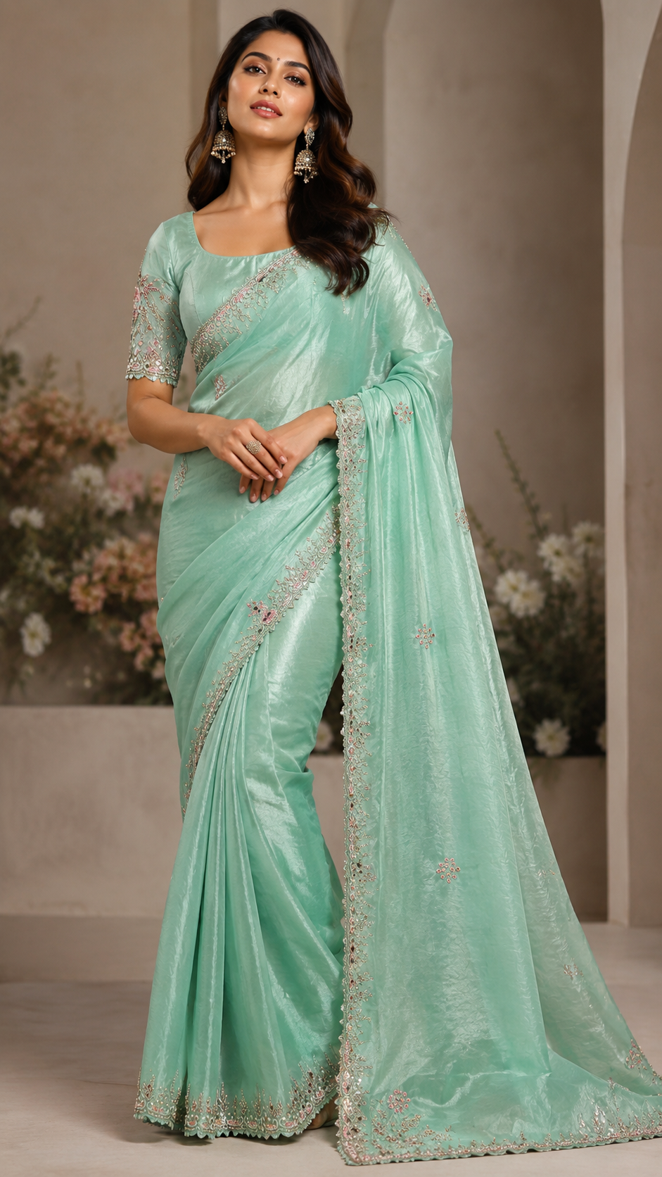 Sea Green Shimmer Organza Fancy Saree