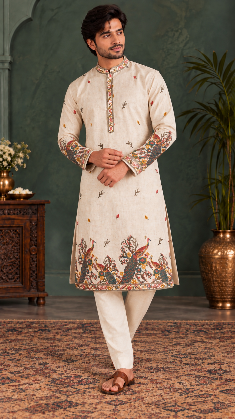 Off White Linen Peacock Embroidered Kurta Set