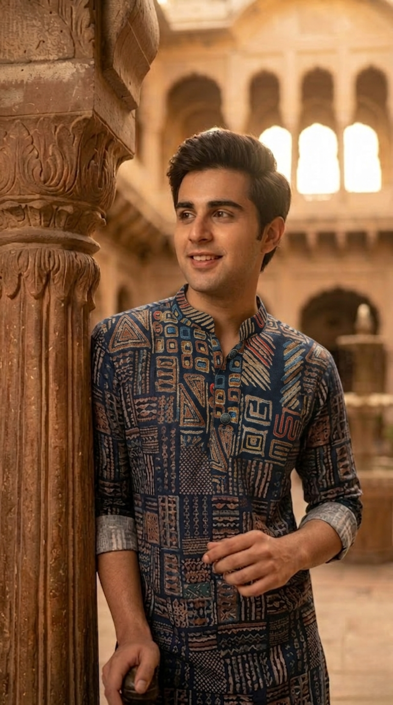 Navy blue patchwork block print cotton kurta for men with mandarin collar