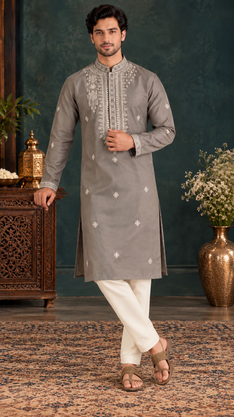 Grey Embroidered Kurta Set with White Trousers