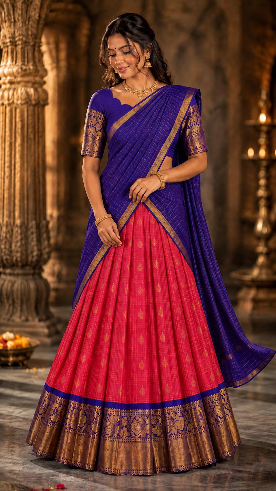 Reddish Pink Kuppadam Silk Langa Voni