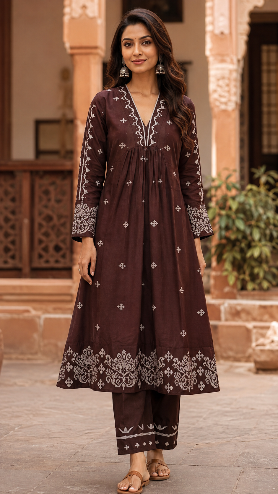 Brown Rayon Cotton Kurti Set