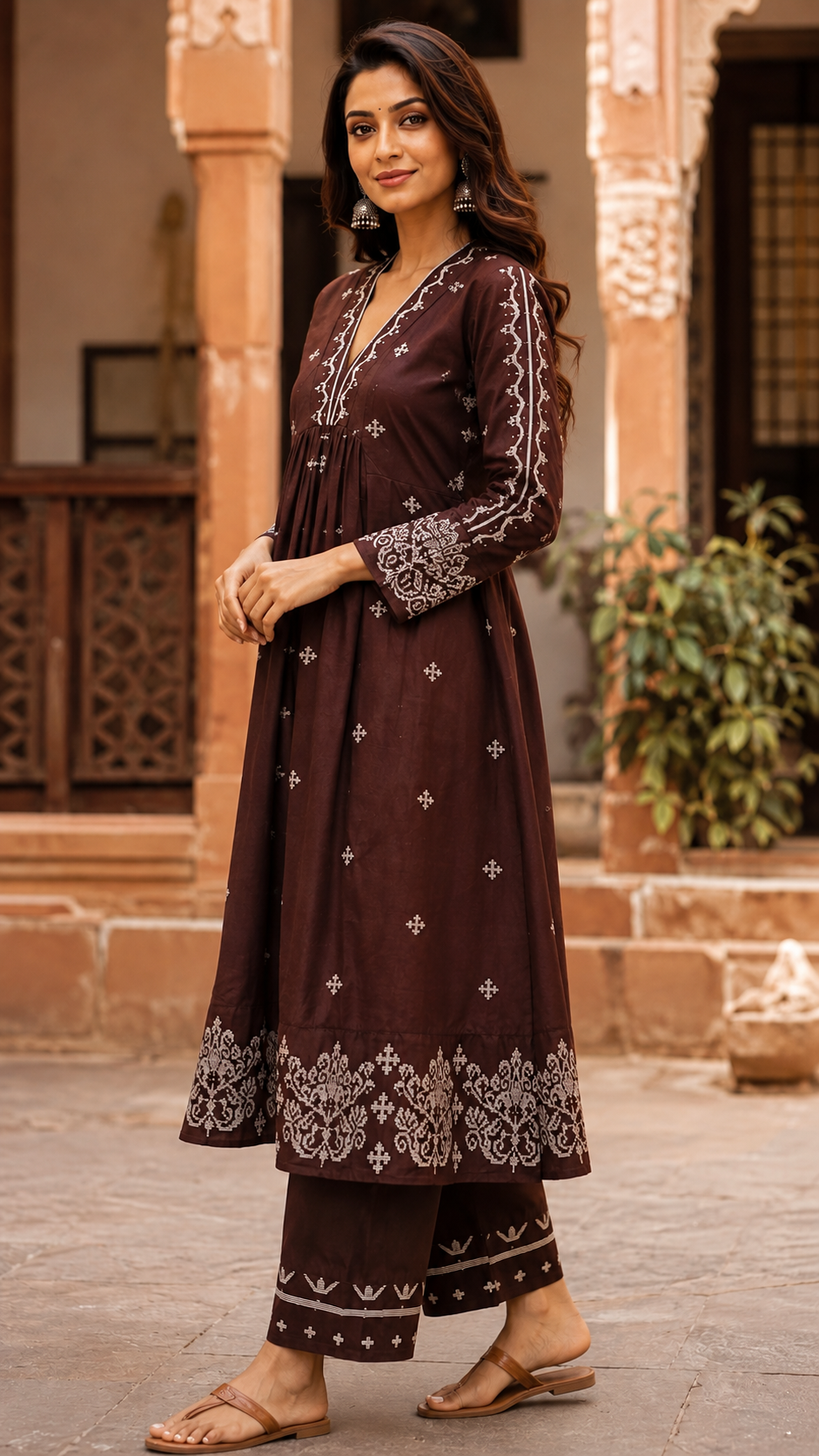 Brown Rayon Cotton Kurti Set
