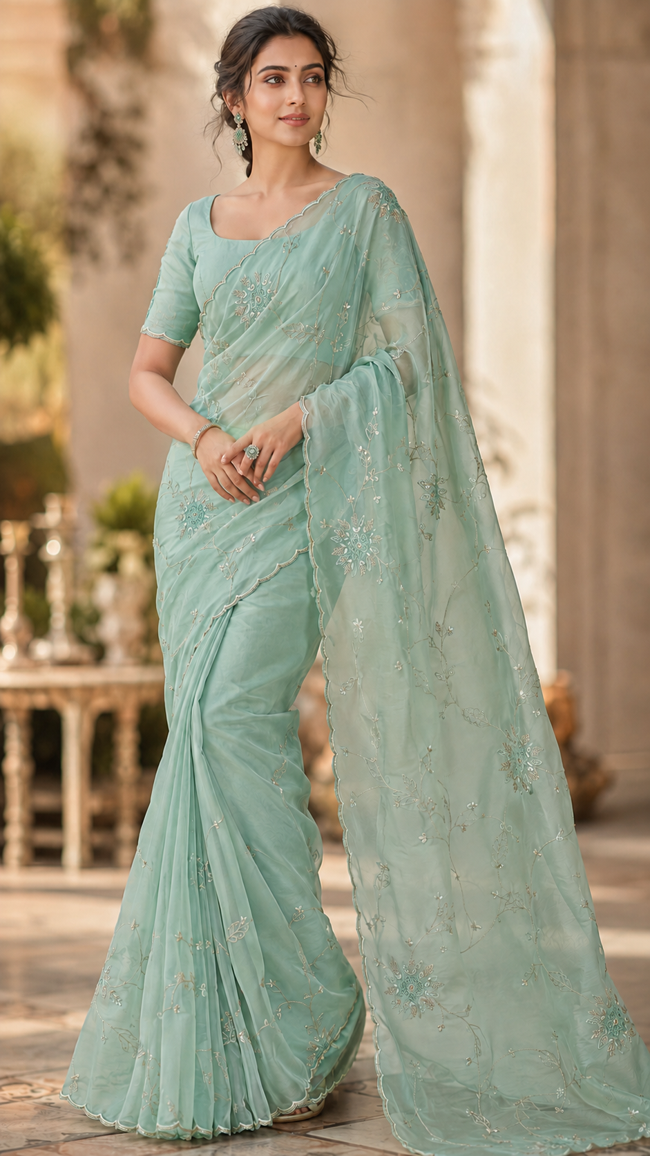 Light Blue Glass Organza Fancy Saree
