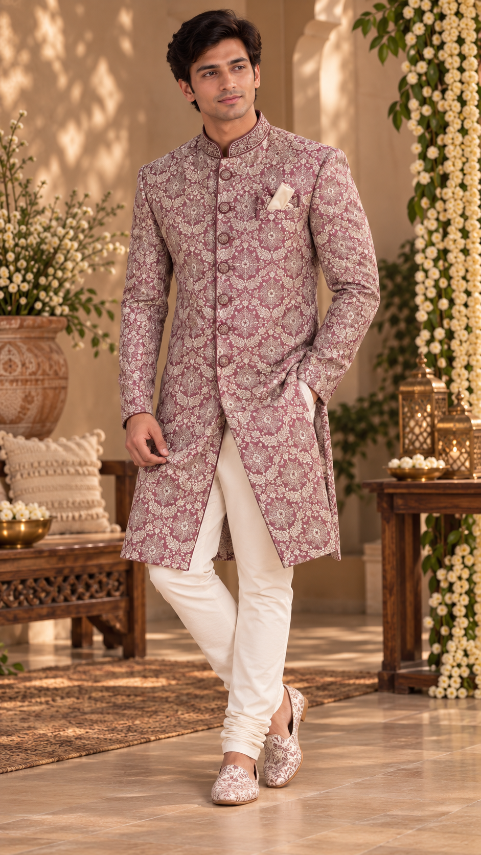 Mauve Jacquard Sherwani Set