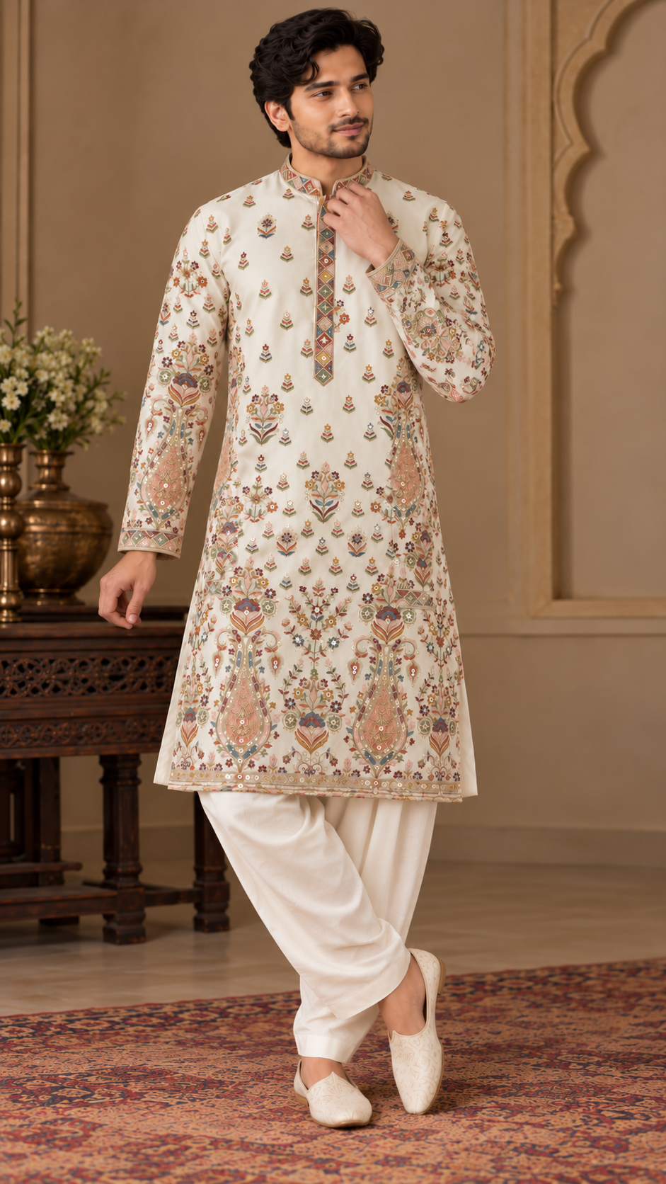 Off-White Multicolor Embroidered Kurta Dhoti Set