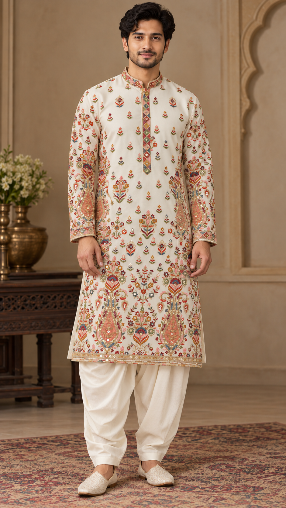 Off-White Multicolor Embroidered Kurta Dhoti Set