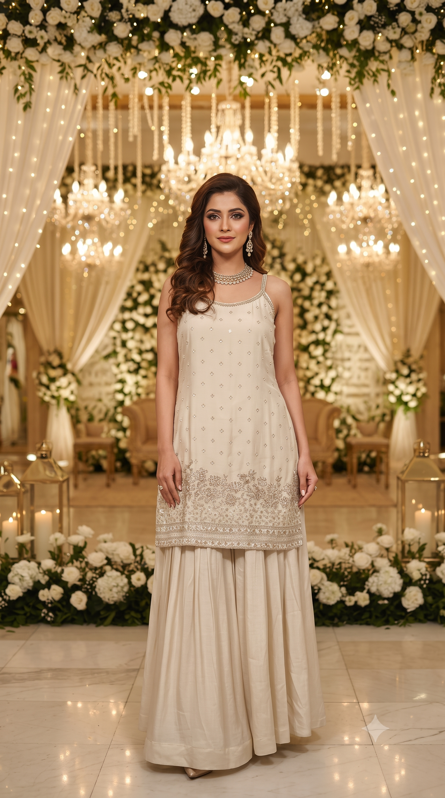 Off White Chinon Silk Sharara Suit