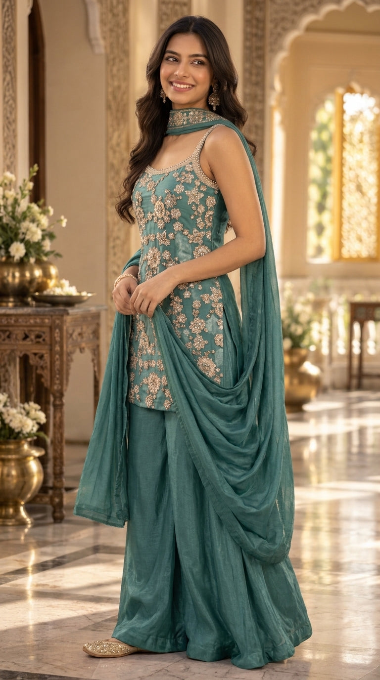 Emerald Green Tissue Silk Sharara Suit