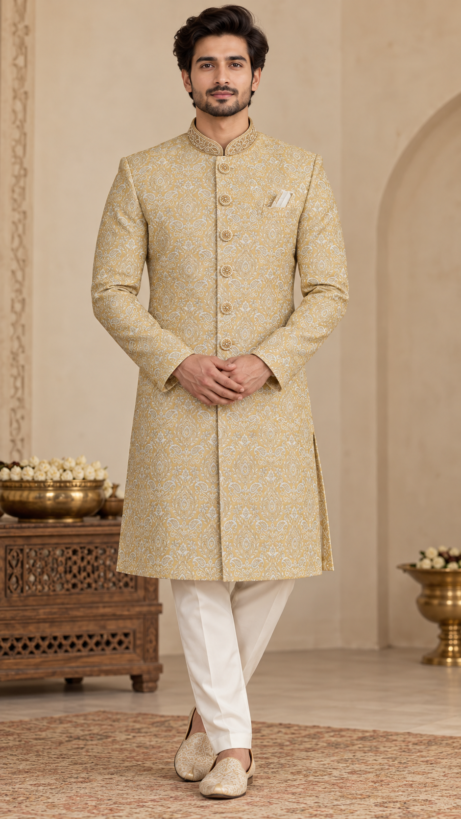 Yellow Jacquard Embroidered Sherwani