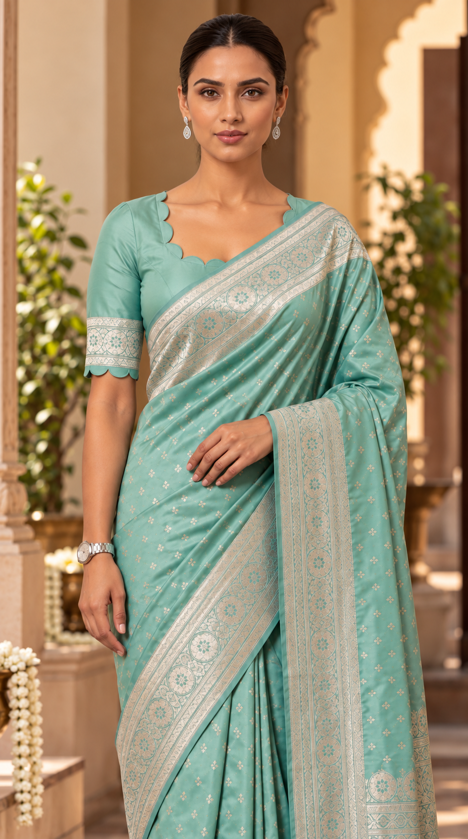Pastel Aqua Green Banaras Satin Silk Saree