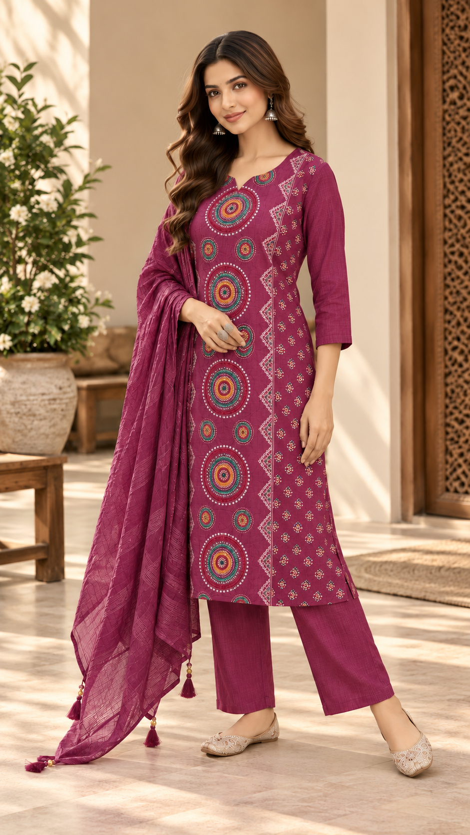 Magenta Rayon Cotton Straight Cut Suit