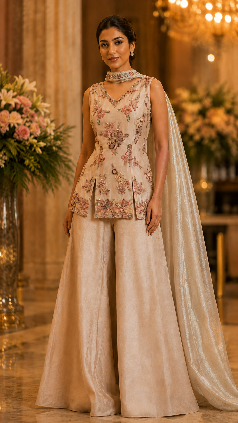 Beige Tissue Silk Sharara Suit