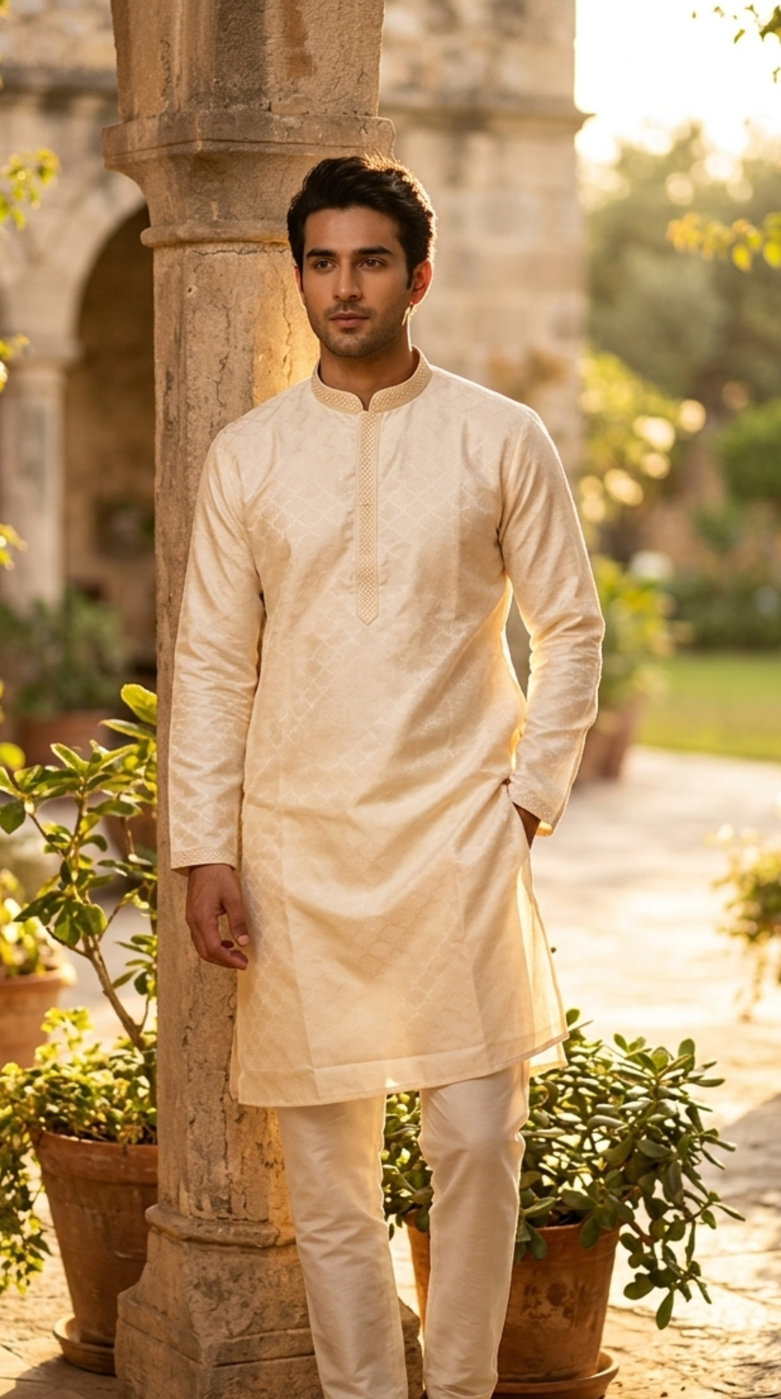 off white silk kurta set for men with mandarin collar