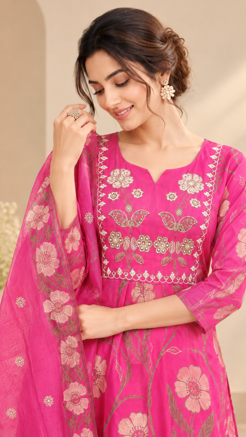 Rani Pink Mul Chanderi A-Line Cut Suit