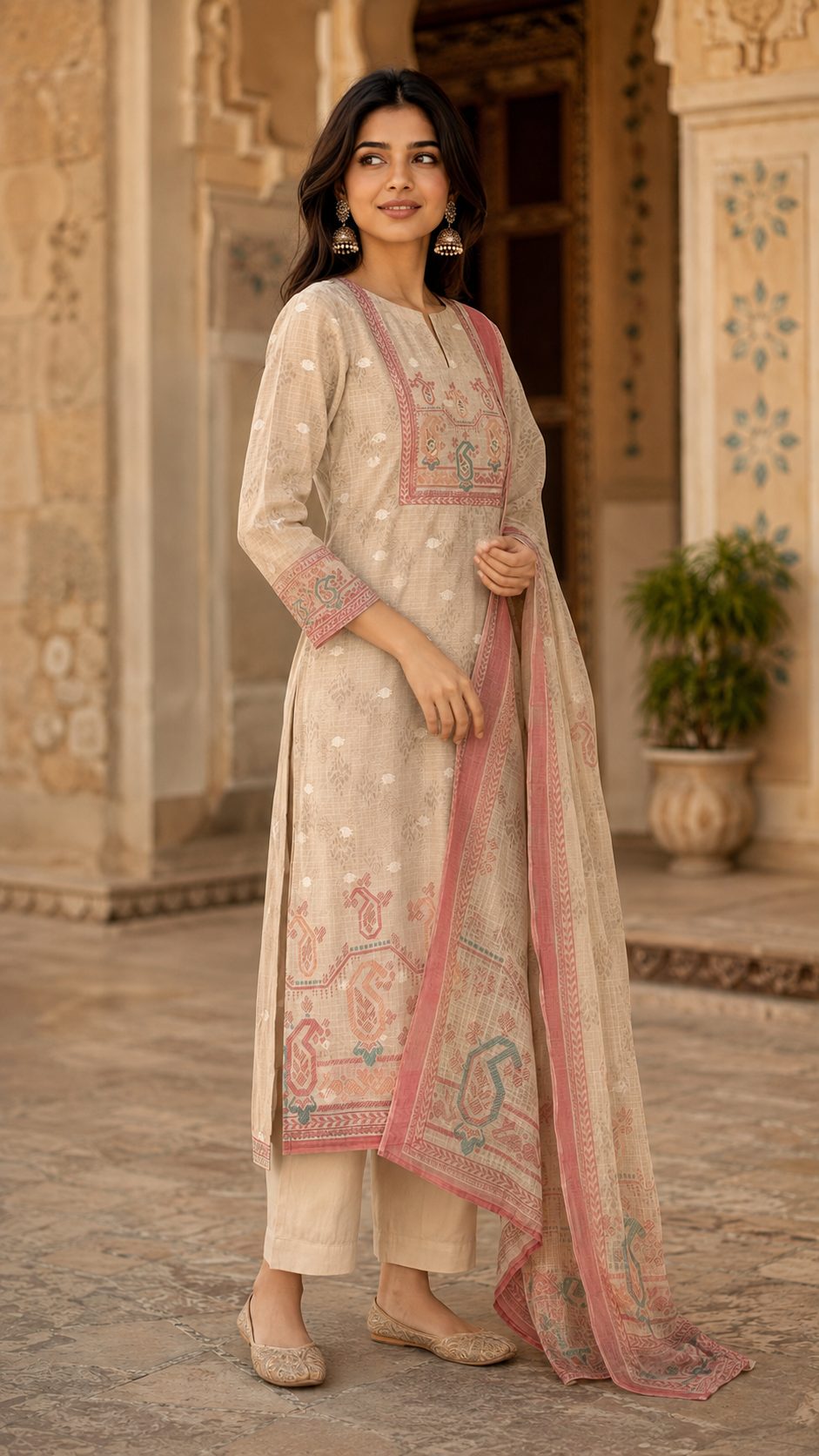 Beige Kota Cotton Straight Cut Suit