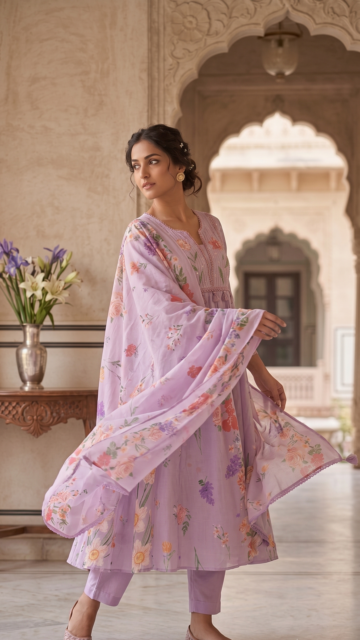 Purple Mul Cotton Floral Suit