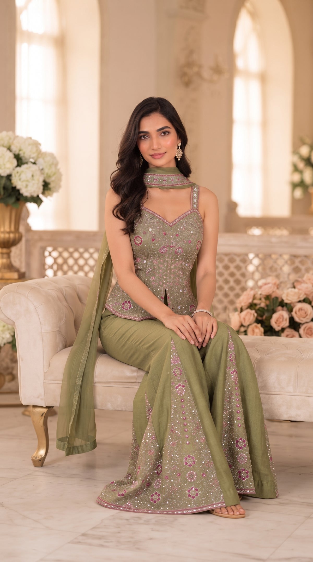 Olive Green Tissue Silk Sharara Suit