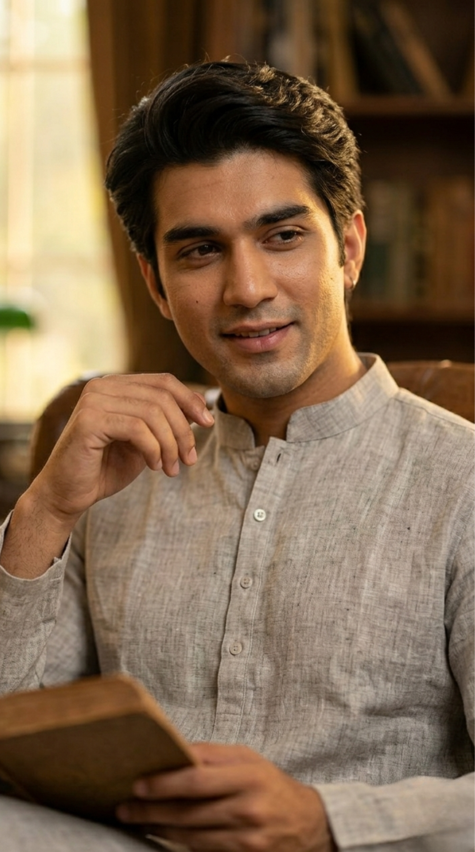 Steel blue silk kurta set for men with mandarin collar 