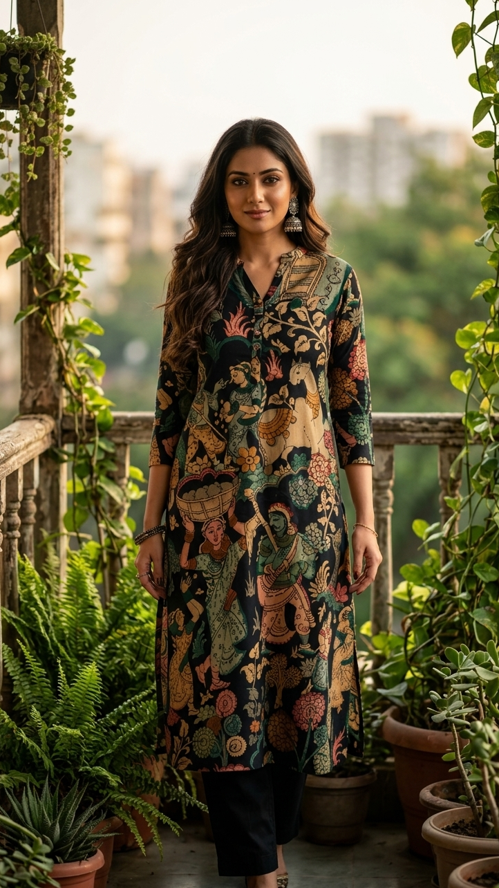 Black Kalamkari Cotton Kurti Set